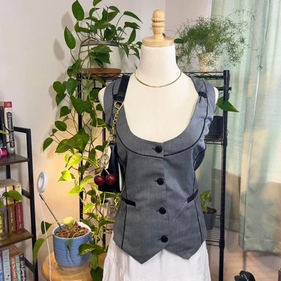 Y2K Stooshy Button Vest Top Size XL Corpcore Grunge Office Siren - Picture 1 of 8